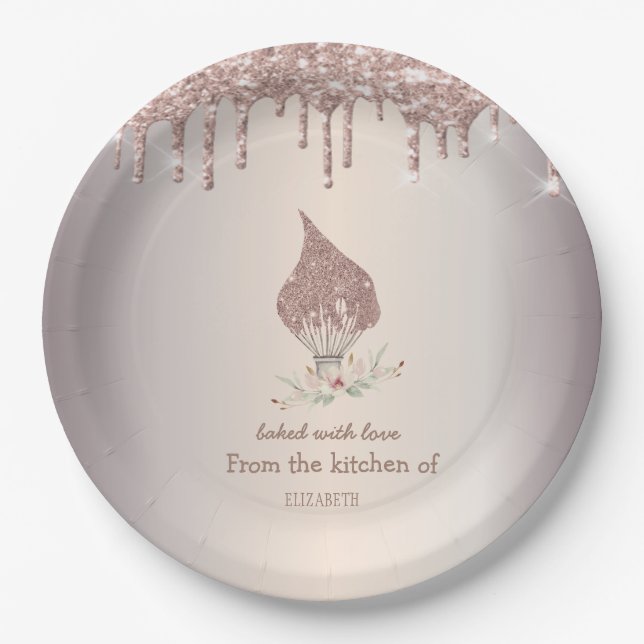 Prato De Papel Glitter Whisk Rose Gold Glitter Drips Bakery    (Frente)