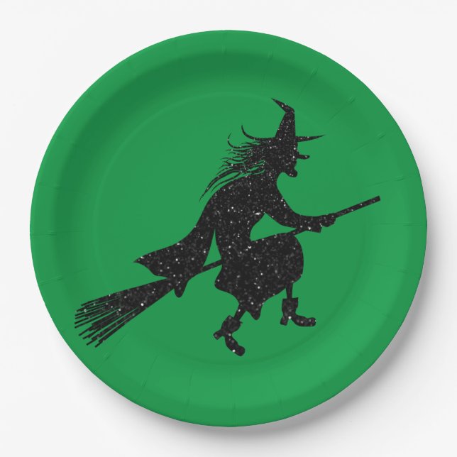 Prato De Papel Glitter Witch Silhouette Halloween (Frente)