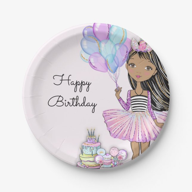 Prato De Papel Glittery Birthday African American Girl Unicorn P (Frente)