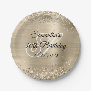 Prato De Papel Glittery Champagne Foil Monograma aniversário de 3