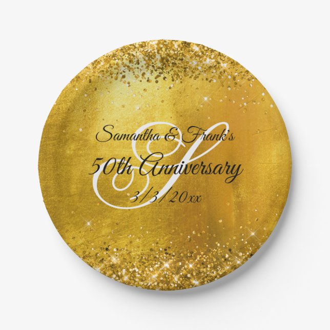 Prato De Papel Glittery Dourado Folha Monograma Chique 50º Aniver (Frente)