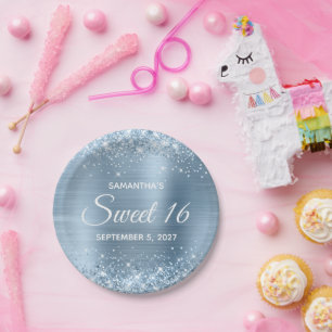 Prato De Papel Glittery Light Blue Foil Sweet 16