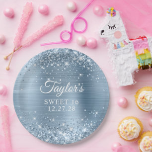 Prato De Papel Glittery Light Blue Foil Sweet 16