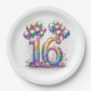 Prato De Papel Glittery Number 16 com balões e Confetti