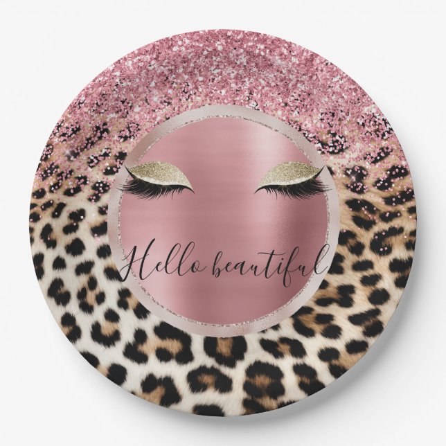 Prato De Papel Glitzy Cor de rosa Leve Dourada Eyelashes Leopardo (Frente)