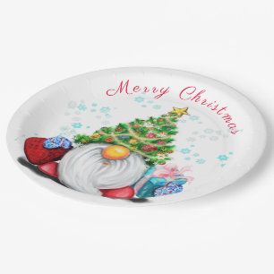 Prato De Papel Gnomo Divertido com Chapéu de Árvore de Natal e