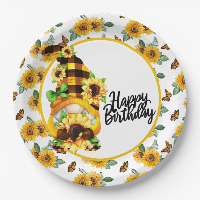 Prato De Papel Gnomo Happy Birthday Sunflower (Frente)