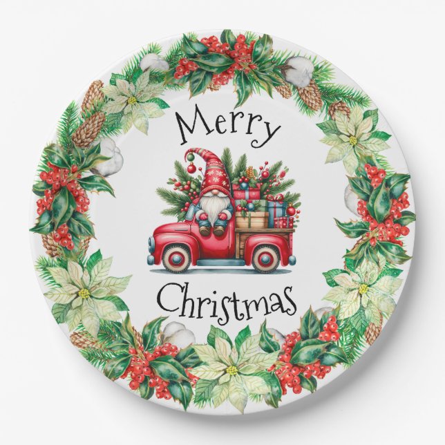 Prato De Papel Gnomo no Caminhão Vermelho Cheio de Presentes (Frente)