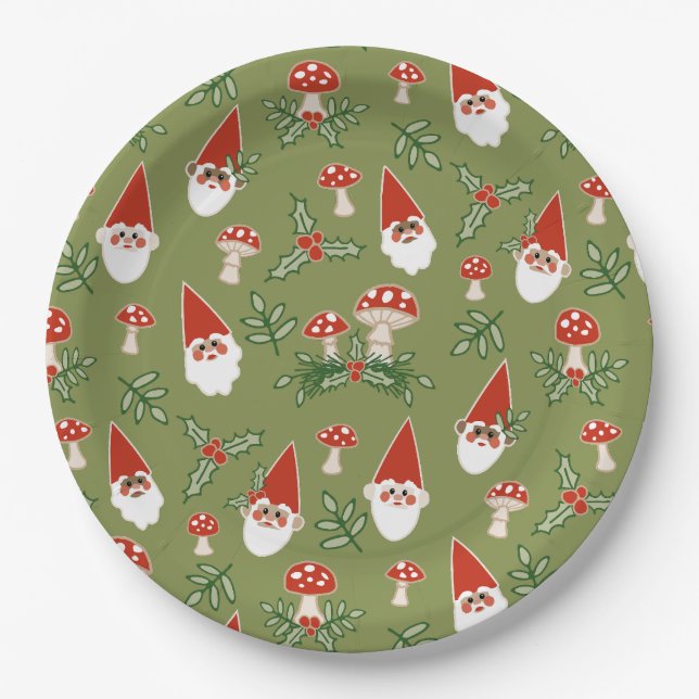 Prato De Papel Gnomos e Cogumelos no Feriado da Floresta Verde (Frente)