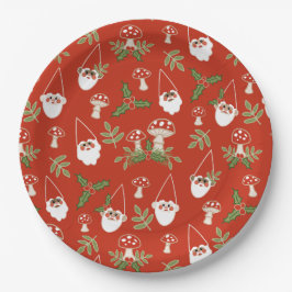 Prato De Papel Gnomos e Cogumelos no Feriado da Floresta Vermelha