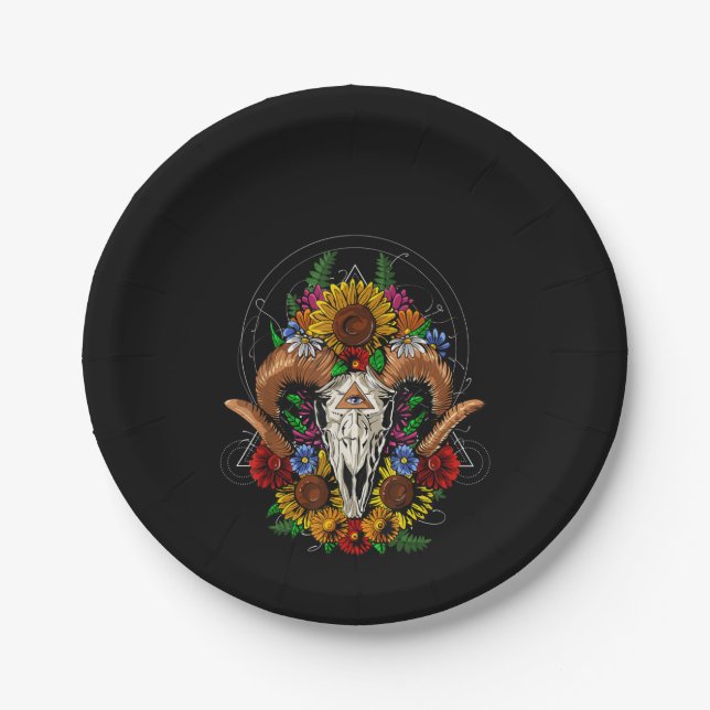Prato De Papel Goat Skull Psychedelic Sunflower (Frente)