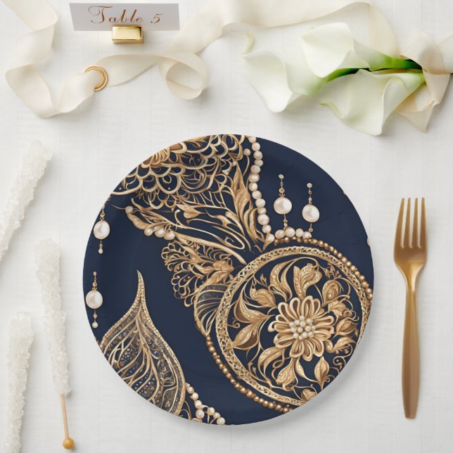 Prato De Papel Gold and dark blue AI art  (Casamento)