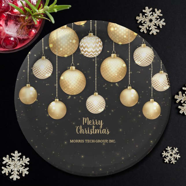 Prato De Papel Gold Baubles Christmas Tree Ornaments Party (Gold and white Christmas tree ornaments on black personalized holiday party paper plates)