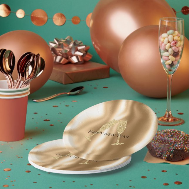Prato De Papel Gold Diamond Sparkle Champagne Glasses New Year's (Múltiplo)