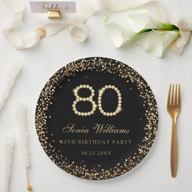 Prato De Papel Gold Diamonds 80th Birthday Party Paper Plate (Casamento)