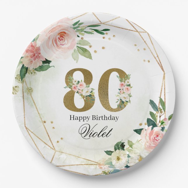 Prato De Papel Gold & Floral Personalized Custom 80th (Frente)