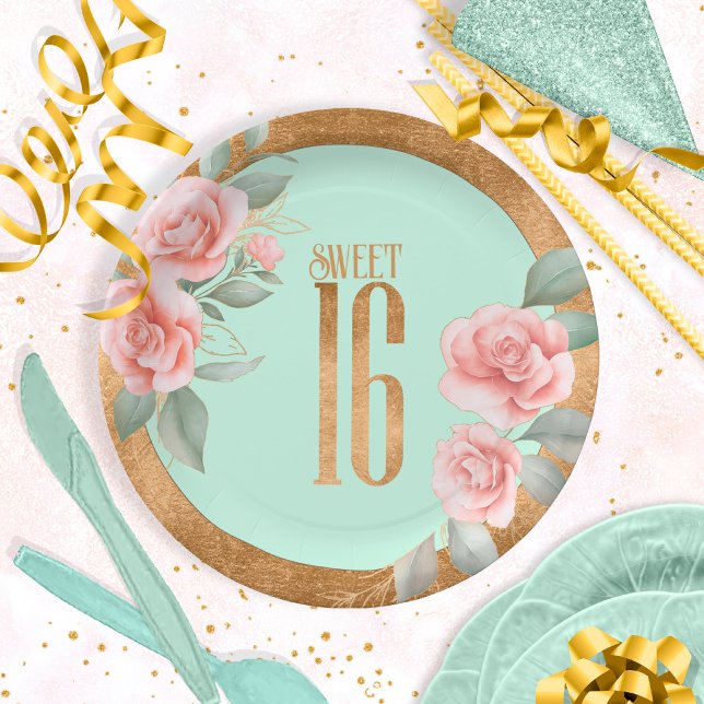 Prato De Papel Gold Foil Floral Sweet Six Mint Green ID757 (Criador carregado)