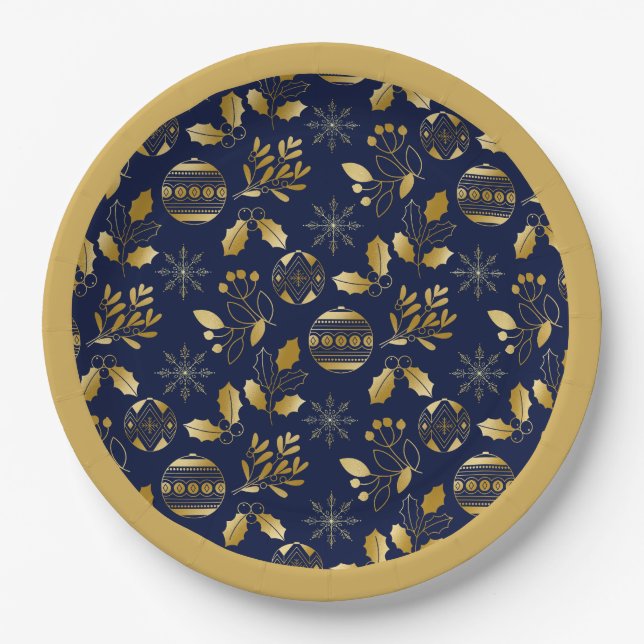 Prato De Papel Gold Framed Blue Gold Holiday Pattern (Frente)