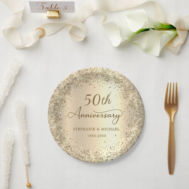 Prato De Papel Gold Glitter Metallic 50th Wedding Anniversary  (Casamento)