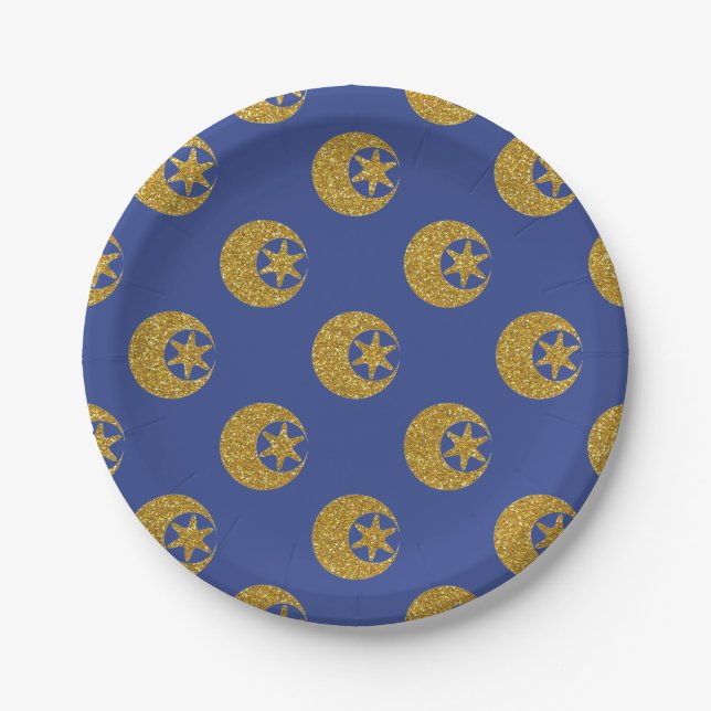 Prato De Papel Gold Glitter Moon and Stars Pattern on Blue (Frente)