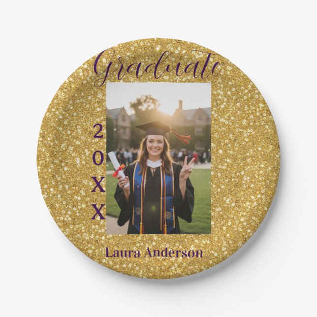 Prato De Papel Gold glitter photo graduation add name class text (Frente)