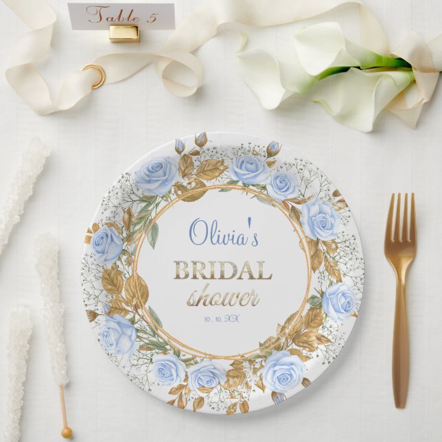 Prato De Papel Gold-Kissed Blue Rose Bridal (Casamento)