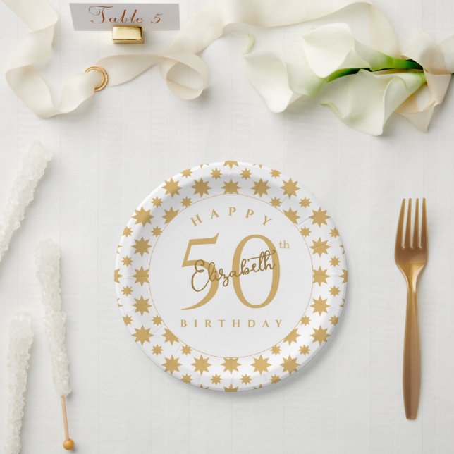 Prato De Papel Gold Stars 50th Birthday Custom Name  (Casamento)