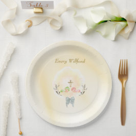 Prato De Papel  Golden Cross floral baptism paper plates 