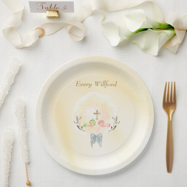 Prato De Papel  Golden Cross floral baptism paper plates  (Casamento)