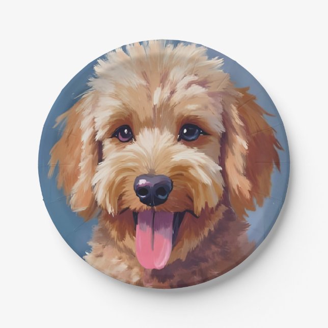 Prato De Papel Golden Doodle | Dog Watercolor Painting Pet (Frente)
