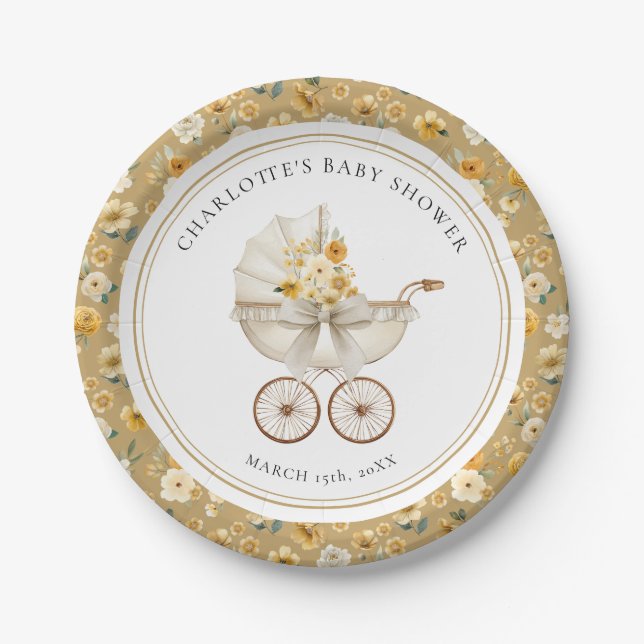 Prato De Papel Golden Floral Pram Baby Shower Plate (Frente)