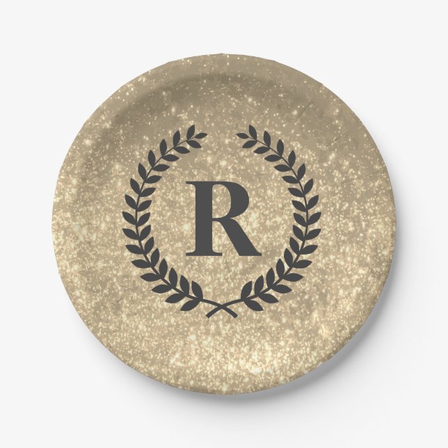 Prato De Papel Golden Glitter With Monogram (Frente)