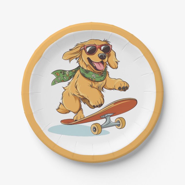 Prato De Papel Golden Retriever Dog Skateboarding (Frente)