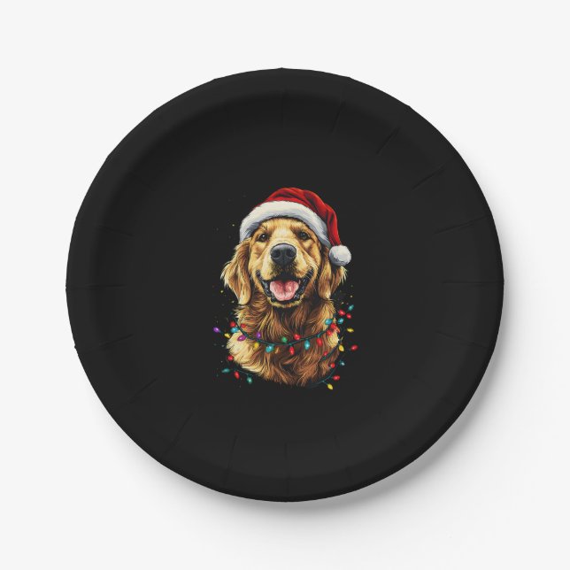 Prato De Papel Golden Retriever Funny dog Christmas Santa Hat lig (Frente)