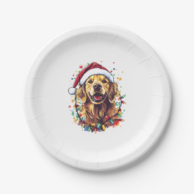 Prato De Papel Golden Retriever Funny dog Christmas Santa Hat lig (Frente)