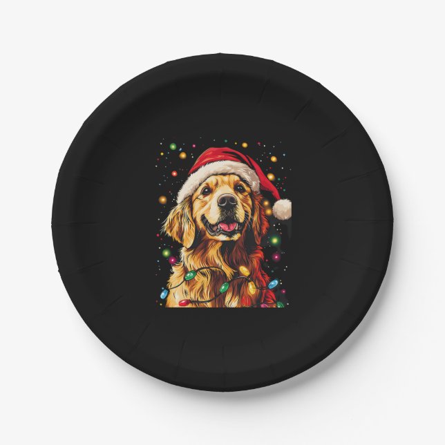 Prato De Papel Golden Retriever Funny dog Christmas Santa Hat lig (Frente)