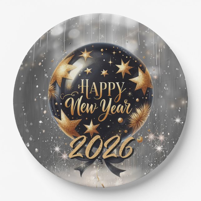 Prato De Papel Golden Sparkle New Year Balloon with 2026 Glow (Frente)