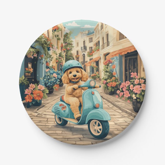 Prato De Papel Goldendoodle Dog Riding Scooter European Streets (Frente)
