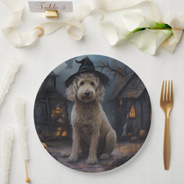 Prato De Papel Goldendoodle Pumpkins Halloween Assustado (Casamento)