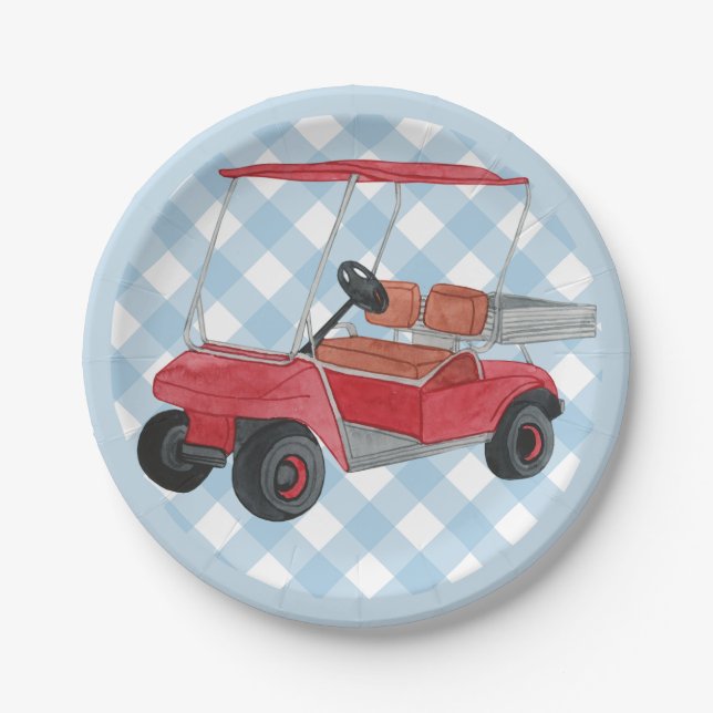 Prato De Papel Golf Cart Xadrez Blue Gingham Country Club (Frente)
