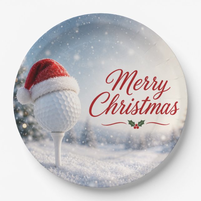 Prato De Papel Golf Feliz Natal com Bola de Golfe com Chapéu de P (Frente)