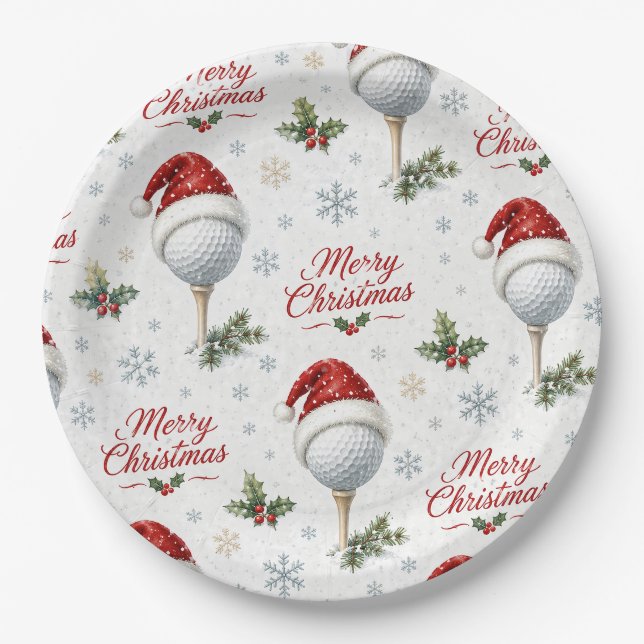 Prato De Papel Golf Feliz Natal com Chapéu de Papai Noel (Frente)