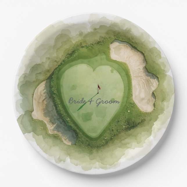 Prato De Papel Golf wedding text bride groom on putting green (Frente)