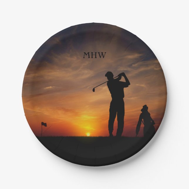 Prato De Papel Golfer: Placas de monograma personalizadas (Frente)