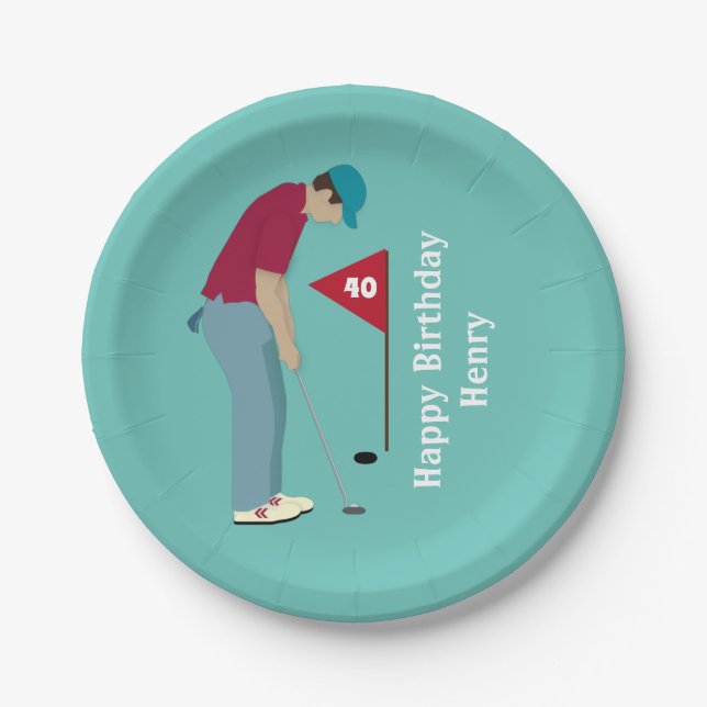 Prato De Papel Golfer Putting Birthday (Frente)