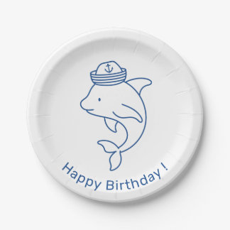 Prato De Papel Golfinho com Chapéu de Marinheiro, Feliz Aniversár