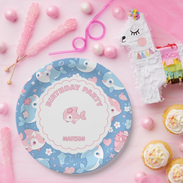 Prato De Papel Golfinho e Flores Bonitos Aniversário (Festa)