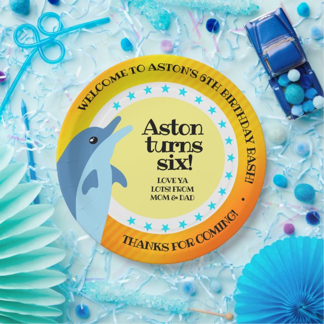 Prato De Papel Golfinho Feliz Aniversário Bonito no Sol (Festa)