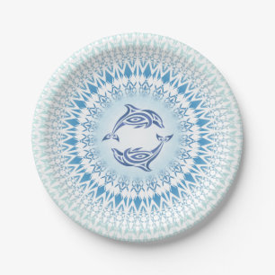 Prato De Papel Golfinhos Mandala Azul Branco Náutico