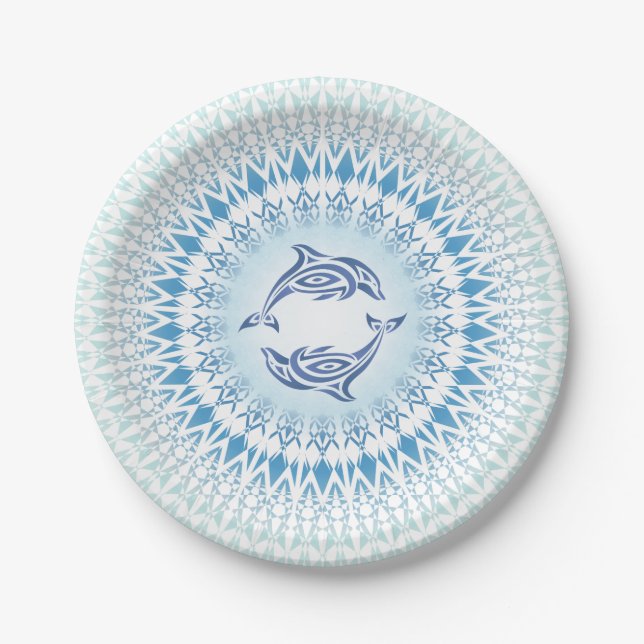 Prato De Papel Golfinhos Mandala Azul Branco Náutico (Frente)